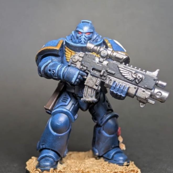 Space Marine painted to Battle Ready Plus+ standard, with more detailed highlights and shades
